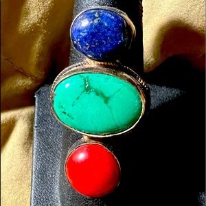 925 Coral Lapis Turquoise Ring 925